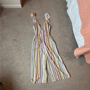 Francesca's Collections Striped Multi-Color Ruffled Strap Jumpsuit